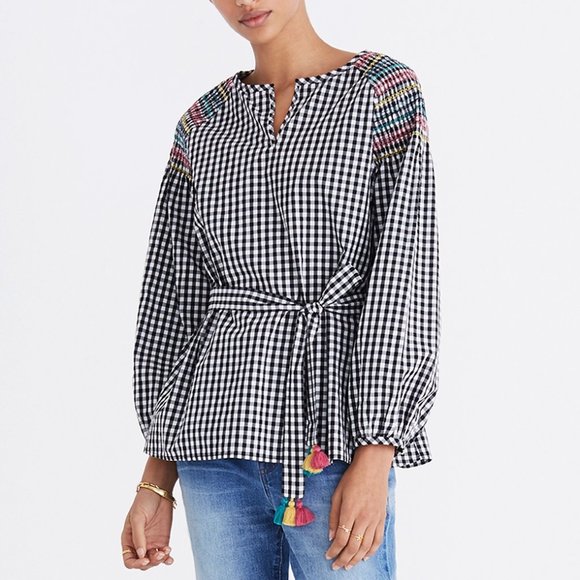Madewell Smocked Gingham Top XXS Rainbow Stitching Tassel Belt Balloon Sleeve - Picture 8 of 8